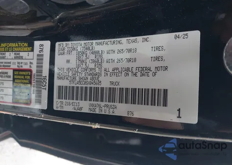 2025 Toyota Tundra Sr5 z USA, uszkodzony, nr VIN 5TFLA5EC0SX045685